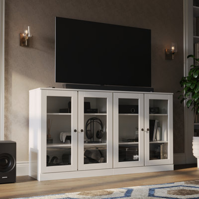 100% Solid Wood TV Stand, 64" Wide TV Console With Glass Doors  Storage