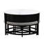 Table basse ronde avec fonction de dessus relevable, compartiment de rangement et 3 repose-pieds, matériau, esthétique moderne blanc noir, base avec pieds, option d'utilisation de l'espace