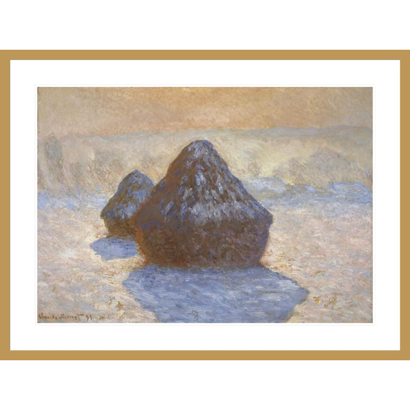 Bottes de foin: effet de neige par Claude Monet - impression giclée encadrée, H 31,44 po x l 41,5 po