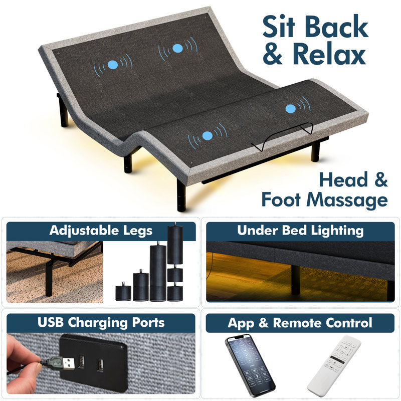 Split King Massaging Adjustable Bed with Remote 12 Inch Memory Mattress Included
