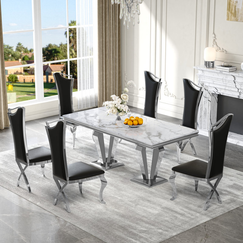 7-Piece Dining Set with Marble-Print Tabletop and Upholstered Chairs – Velvet & PU Options, Stainless Steel Legs