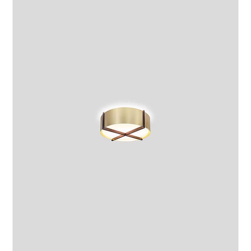 Plura LED Flush Mount, 2700K, 8.38" H x 30" W x 30" D, Walnut/Brushed Brass