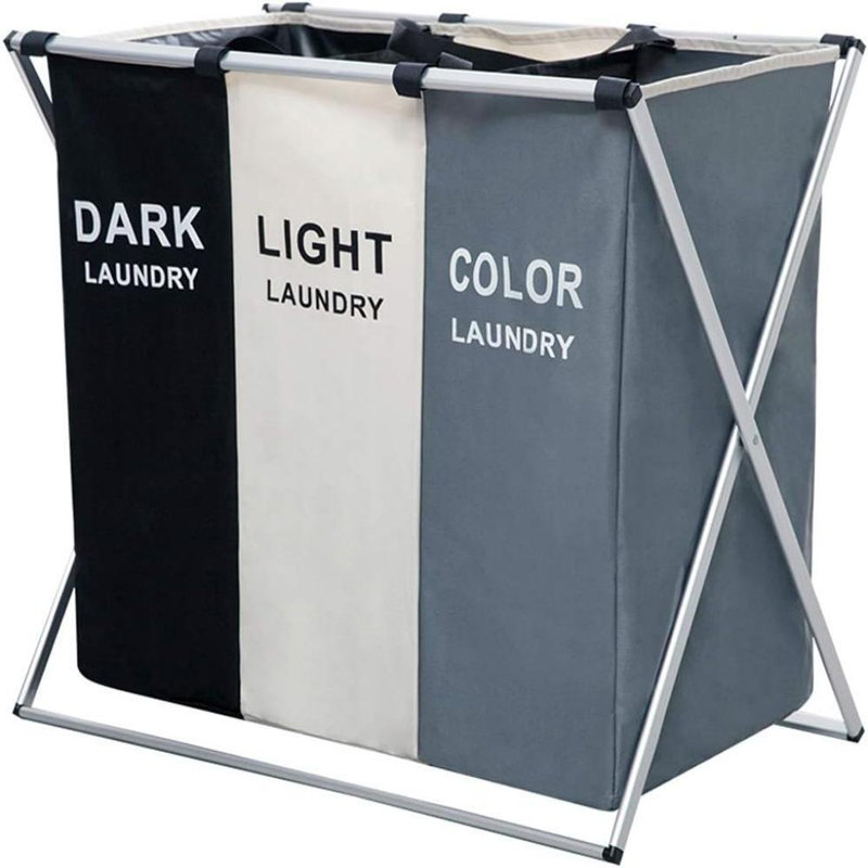 3 Section Laundry Hamper Storage Clothes Basket Foldable Sorter W/aluminum Frame
