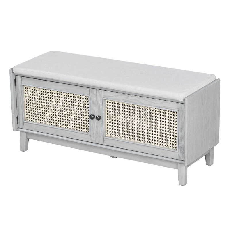 Boho Rattan Entryway Bench With Storage, Cushioned Shoe Bench With Double Doors, Wooden Shoe Organizer Bench For Entryway And Hallway (Gray Wash+Beige )