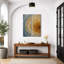 Décoration moderne abstraite géométrique à vagues concentriques bleu et or – Ensemble de 2 impressions sur toile encadrées 32 po x 12 po x 2 po-134738825-134738826