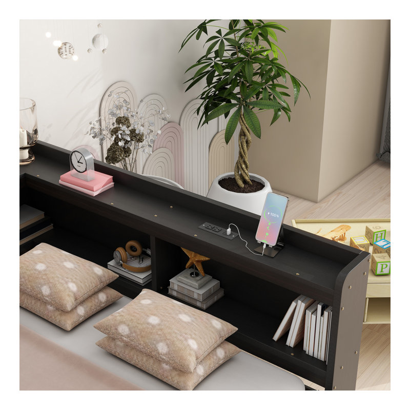 Lit double en forme de L avec bibliothèques, prises de courant USB, deux tiroirs, espresso