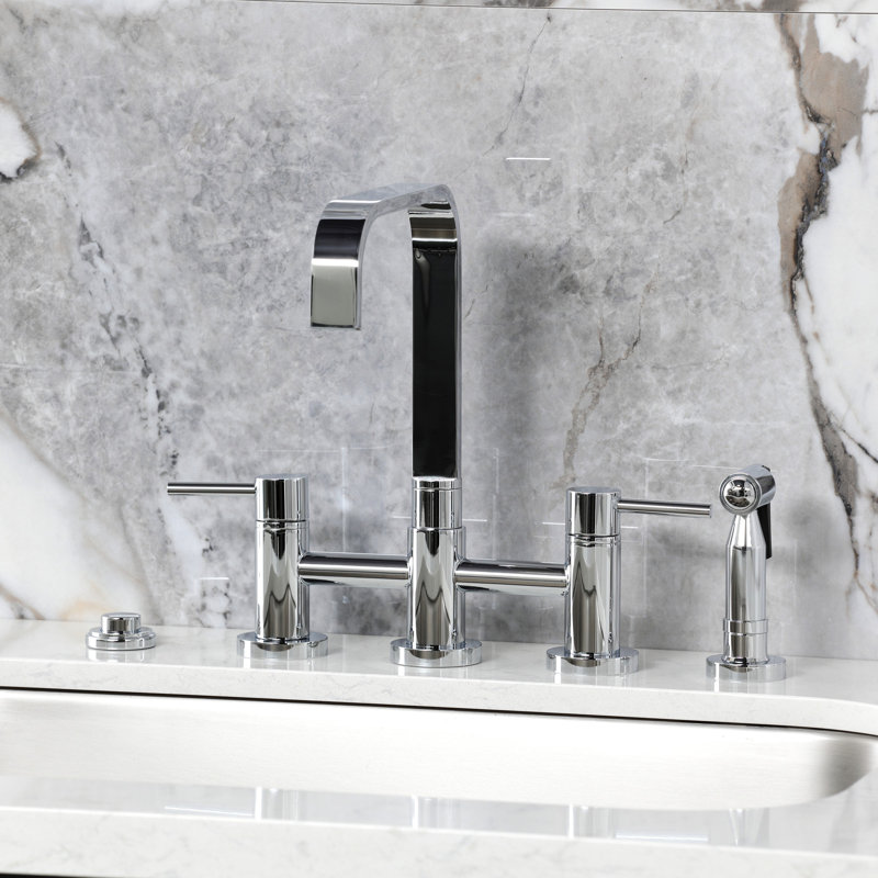 Kingston Brass Concord Two-Handle 4-Hole Deck Mount Bridge Kitchen Faucet with Brass Side Sprayer, Polished Chrome