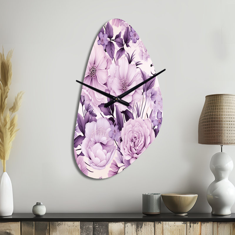 Victorian Elegance Soft Lavender Blossom - Floral Asymmetrical Metal Wall Clock, Cottage Unique Shape Wall Clock Print, Large