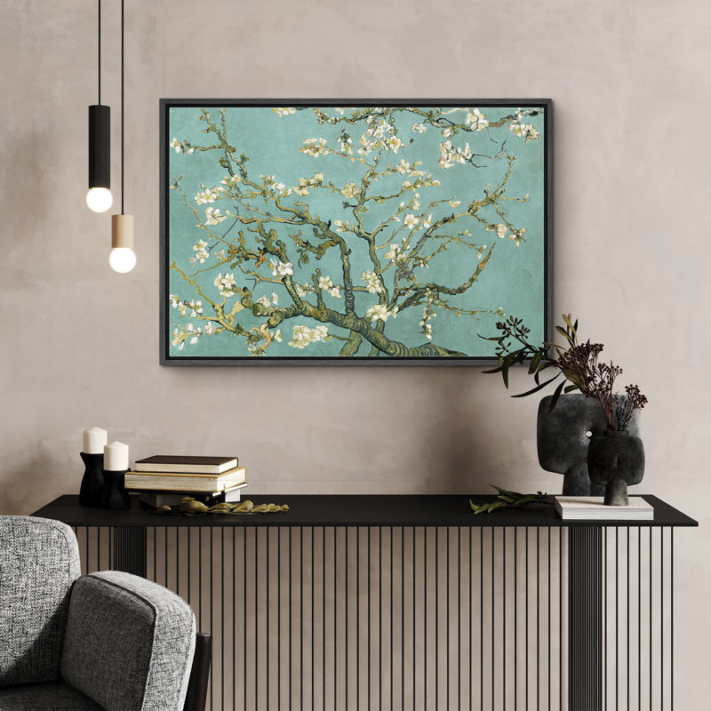 «Amandier en fleurs» par Vincent van Gogh, H 24 po x l 36 po x P 1,5 po, Bleu sarcelle, Structure noire