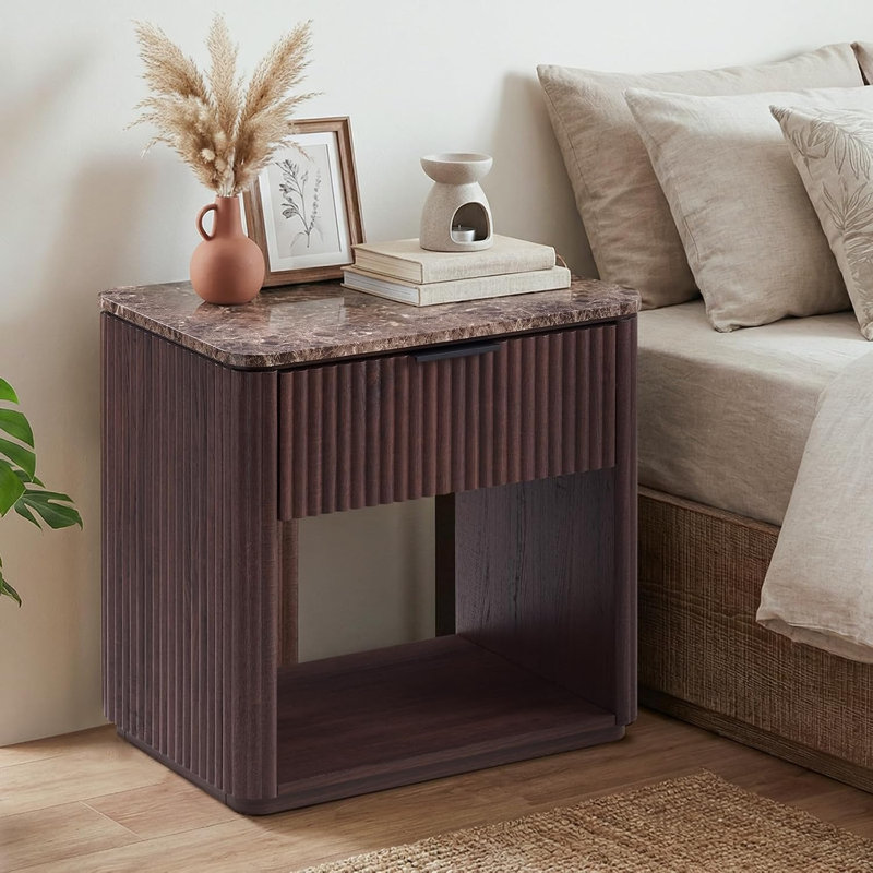 3-Sided Fluted Nightstand With Faux Marble Top & 2" Thick Panels, Round Corner Bedside Table End Table, Brown Oak, Individual