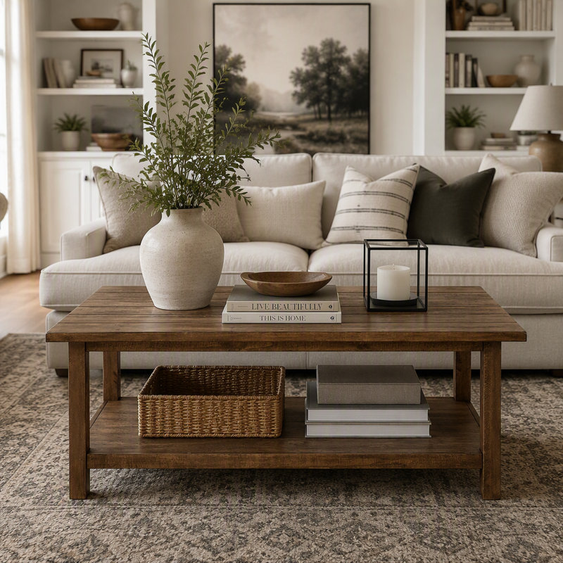 Table basse rustique avec fini brun vieilli et tablette inférieure, Brun délavé