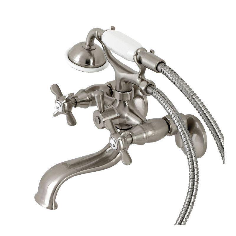 Kingston Brass Essex Three-Handle 2-Hole Tub Wall Mount Clawfoot Tub Faucet with Handshower, Brushed Nickel