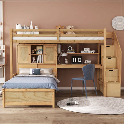 Twin Over Twin Loft Bed With Built-In Desk And Staircase, With Storage Compartments And Shelves, Natural
