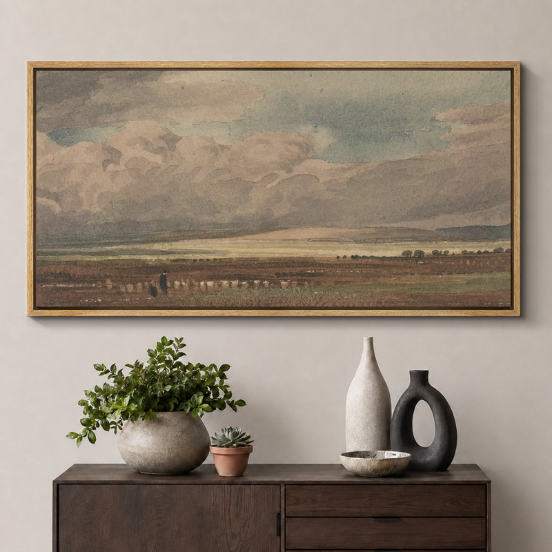 «Rustic Countryside Serene Brown Countryside Field Clouds In The Sky», impression sur toile encadrée classique, Naturel