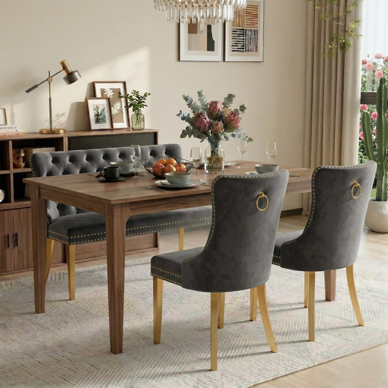   3-piece Breakfast Nook Seating Set With Tufted Bench And Upholstered Dining Chairs, Gold, Gold, Gray 