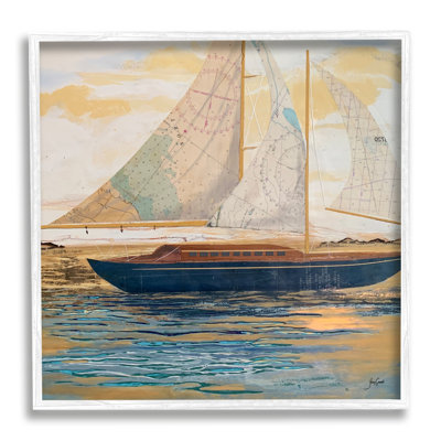 «Nautical Watercraft Boat Layered Map Ephemera Collage» par Stacy Gresell - peinture sur toile à cadre flottant