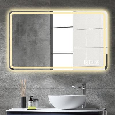 Miroir de salle de bain 24 x 40 pouces avec lumières avant, fixation murale, - brouillard, miroir argenté cuivre 5 mm, trois couleurs, intensité variable, désembuage monté pour la salle de bain, changeant, caractéristique
