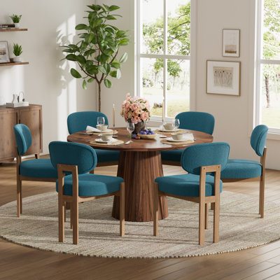 47 Inch Retro Round Dining Table Set For 4-6, MDF Top Kitchen Table With Solid Wood Chenille Fabric Chairs, Vintage Dining Set For Dining Room, Kitchen, Small Space, Apartment