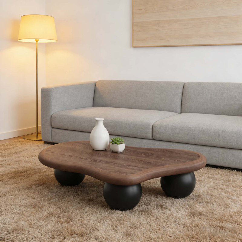 Table basse de 40 pouces en forme de nuage avec 3 pieds sphériques pour le salon, pieds noyer noirs