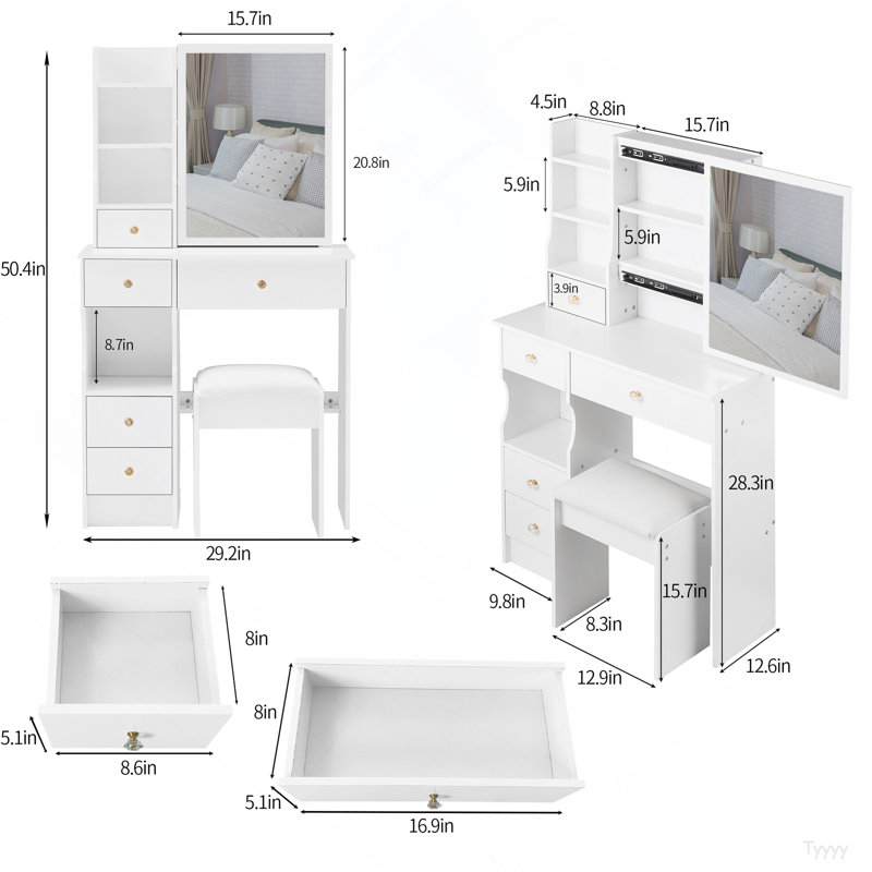 29.2" Small Space Left Drawer Desktop Vanity Table + Cushioned Stool, Extra Large Right Sliding Mirror, Multi Layer High Capacity Storage, Practical Fashionable Dresser, EPA, GCC, UL Certificate