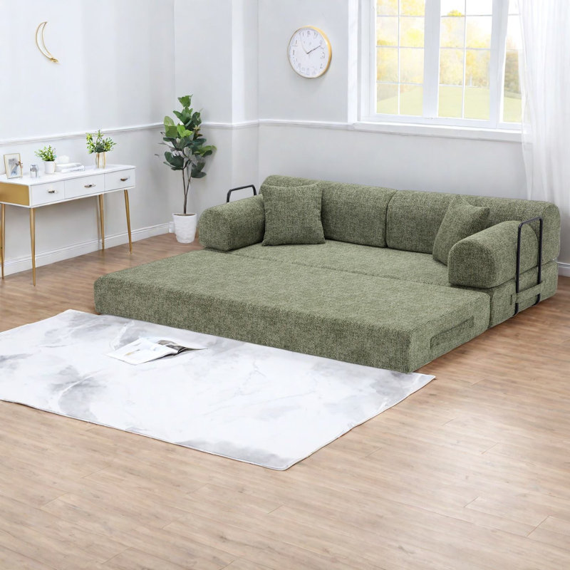 Canapé-lit multifonctionnel convertible, tissu vert doux pour la peau, style moderne pour salon ou chambre à coucher