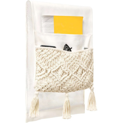 Organiseur de fauteuil en macramé, style bohème, 4 poches, beige | Organiseur de chevet avec porte-télécommande, porte-revues et porte-téléphone | Parfait pour les salons, les chambres ou les dortoirs | Décoration bohème | Gagnez de l'espace