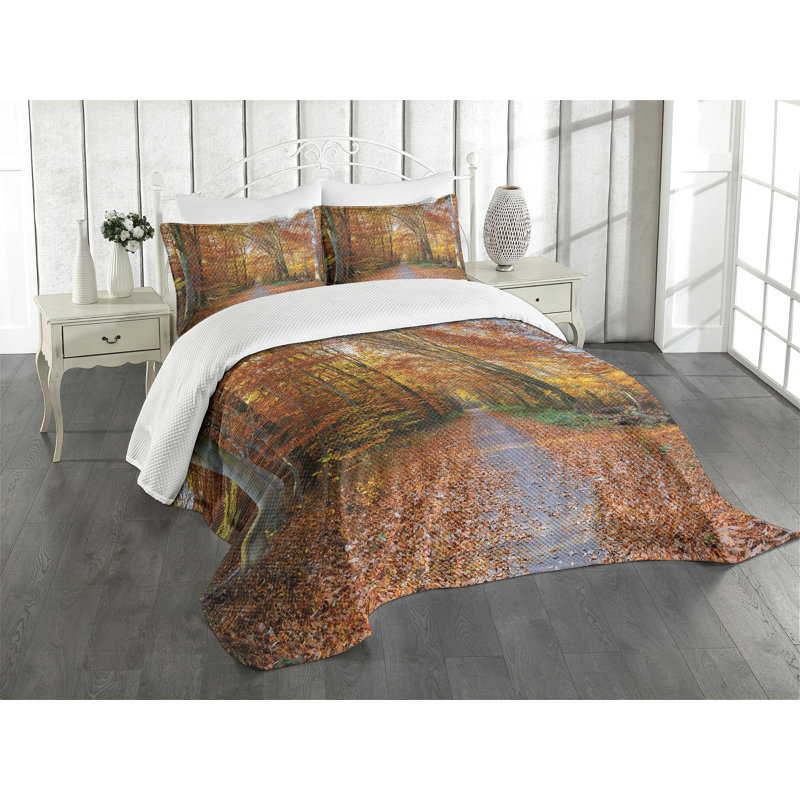 Ambesonne Fall Bedspread Set Vibrant Trees Pathway Orange Yellow Green, King Bedspread + 2 Standard Shams