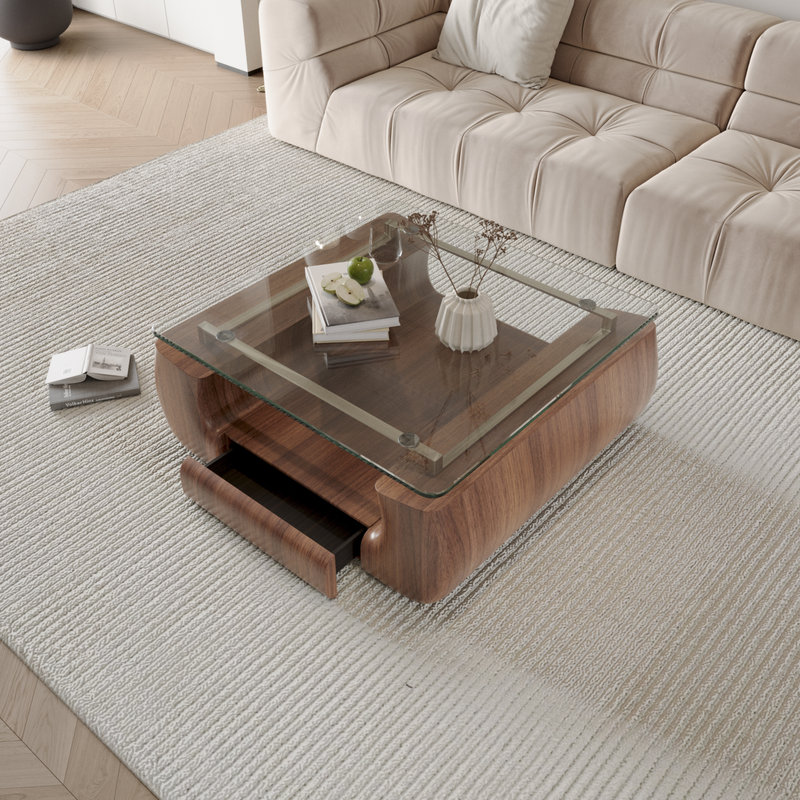 Modern Walnut & Glass Coffee Table, Curved Wooden Design with Tempered Glass Top, Open Storage Shelf, Mid-Century Center Table for Living Room