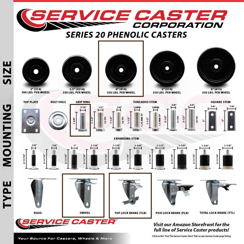Swivel Grip Ring Stem Caster Set with Brake