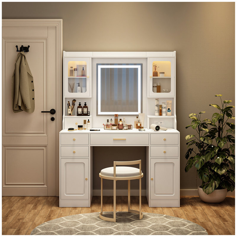 Grande coiffeuse avec miroir, 6 tiroirs et tablettes, bureau de commode