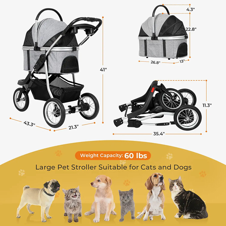 VIAGDO Pet Stroller, Premium 3-in-1 Large Dog Stroller For Cats/dogs With  Detachable Carrier, Zipperless Dual Entry, Foldable Jogging Travel Stroller,  Rubber Tires, 3-wheel Cat Stroller (gray) & Reviews