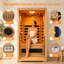 Sauna infrarouge lointain à faible champ électromagnétique pour une personne, sauna de 1476 W avec 6 éléments chauffants, luminothérapie 7 couleurs et bois massif de qualité supérieure, pour une détente et un bien-être optimaux.