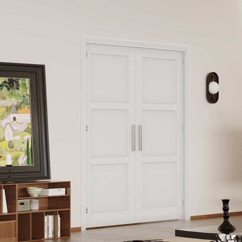 Porte double Slab - 3 panneaux intérieurs en MDF de style shaker blanc (poignée, loquet et goupille inclus, à peindre)
