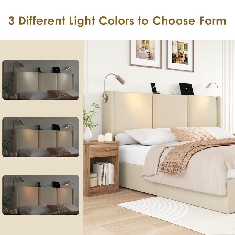 Reman Lift Up Storage Bed with Reading Lights, Linen