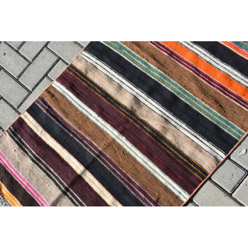 Tapis kilim turc fait à la main en brun rétro - petit tapis antique idéal pour la décoration intérieure noir / brun