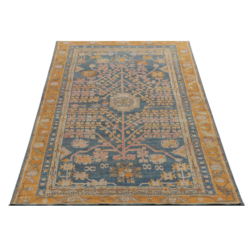 Rug & Kilim’S Khotan Rug In Blue, Gold And Pink Geometric-Floral Patterns, Runner 3' x 8'