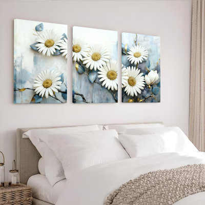 Daisy Floral Art Canvas Wrapped Wall Art, Abstract Oil Painting Print (Set of 3)