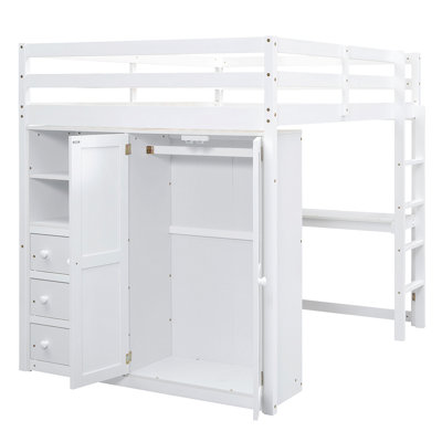 Lit mezzanine double en bois avec garde-robe intégrée, bureau, tablettes de rangement et tiroirs