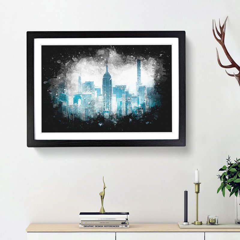 Manhattan New York Skyline - Picture Frame Graphic Art Print, 33cm H x 45cm W x 2cm D, Black Framed