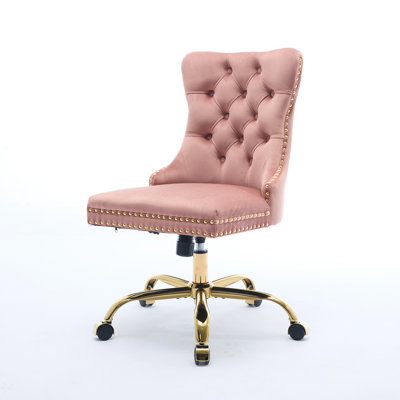Furniture Office Chair,Modern Velvet Upholstered Tufted Button Office Chair with Golden Metal Base,Adjustable Desk Chair Swivel Office Chair (Pink) by Mercer41