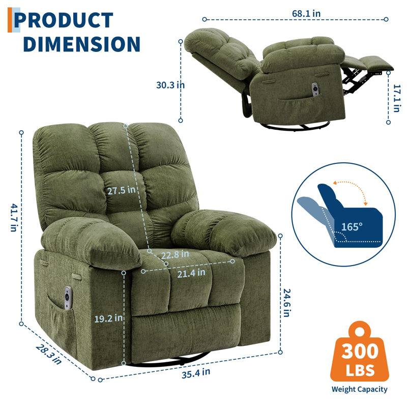 Fauteuil inclinable et berçant surdimensionné avec massage et chaleur, fauteuil inclinable manuel à 150 ° pour le salon, Vert