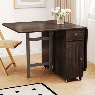 59'' Walnut Folding Table With Drop Leaves For Small Space, Rectangular Wooden Extendable Dining Table With Wheels And Storage
