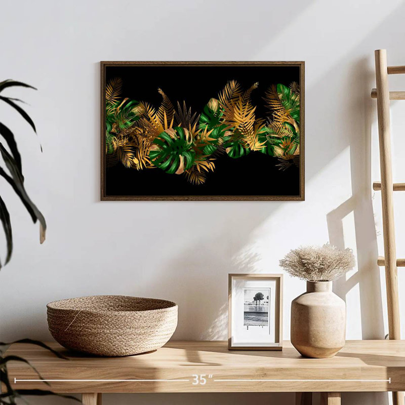 Feuilles dorées et vertes, 19 po x 13 po, Cadre flottant en noyer