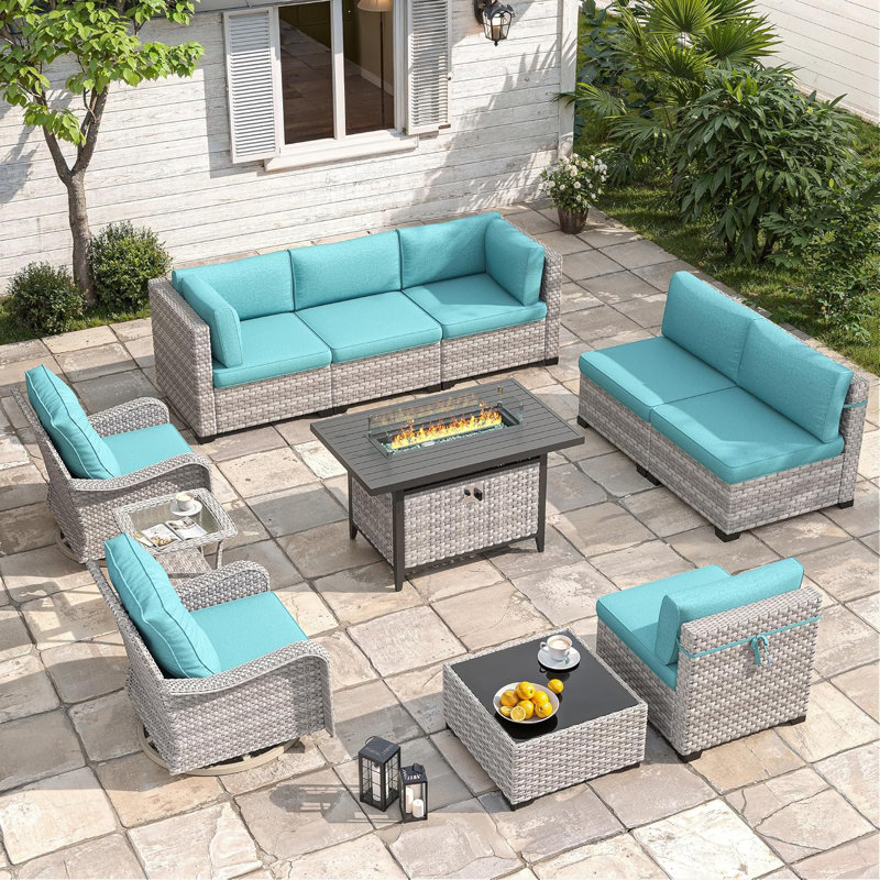Ensemble de patio extérieur pour 8 personnes avec table de foyer, Bleu