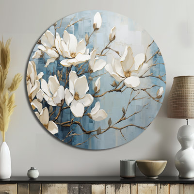 Blue And Gold Painted Magnolias VI - Floral Round Metal Art