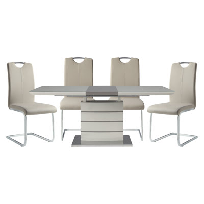 5pc Dining Set Table with Self-Storing Leaf and 4x Side Chairs Metal Frame Conte | Off White Metal & Wood Extendable