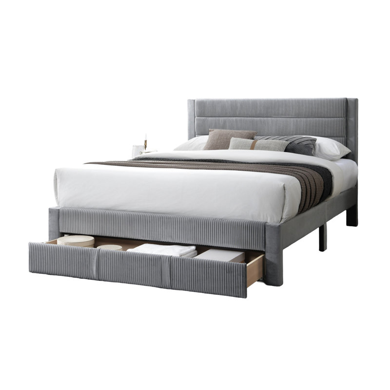 Queen Size Bed With Gray Corduroy Headboard - Underbed Storage Solution Luxury Bedframe Pocket