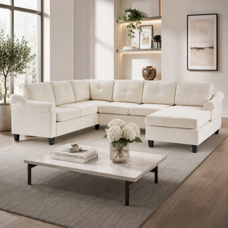 Canapé d'angle Doroteia en chenille noire, en forme de U, avec dossier capitonné et accoudoirs évasés., Beige