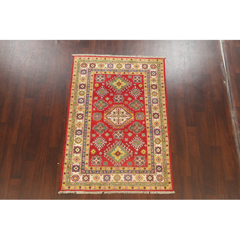 Tapis oriental géométrique rouge Kazak noué à la main 4 x 6