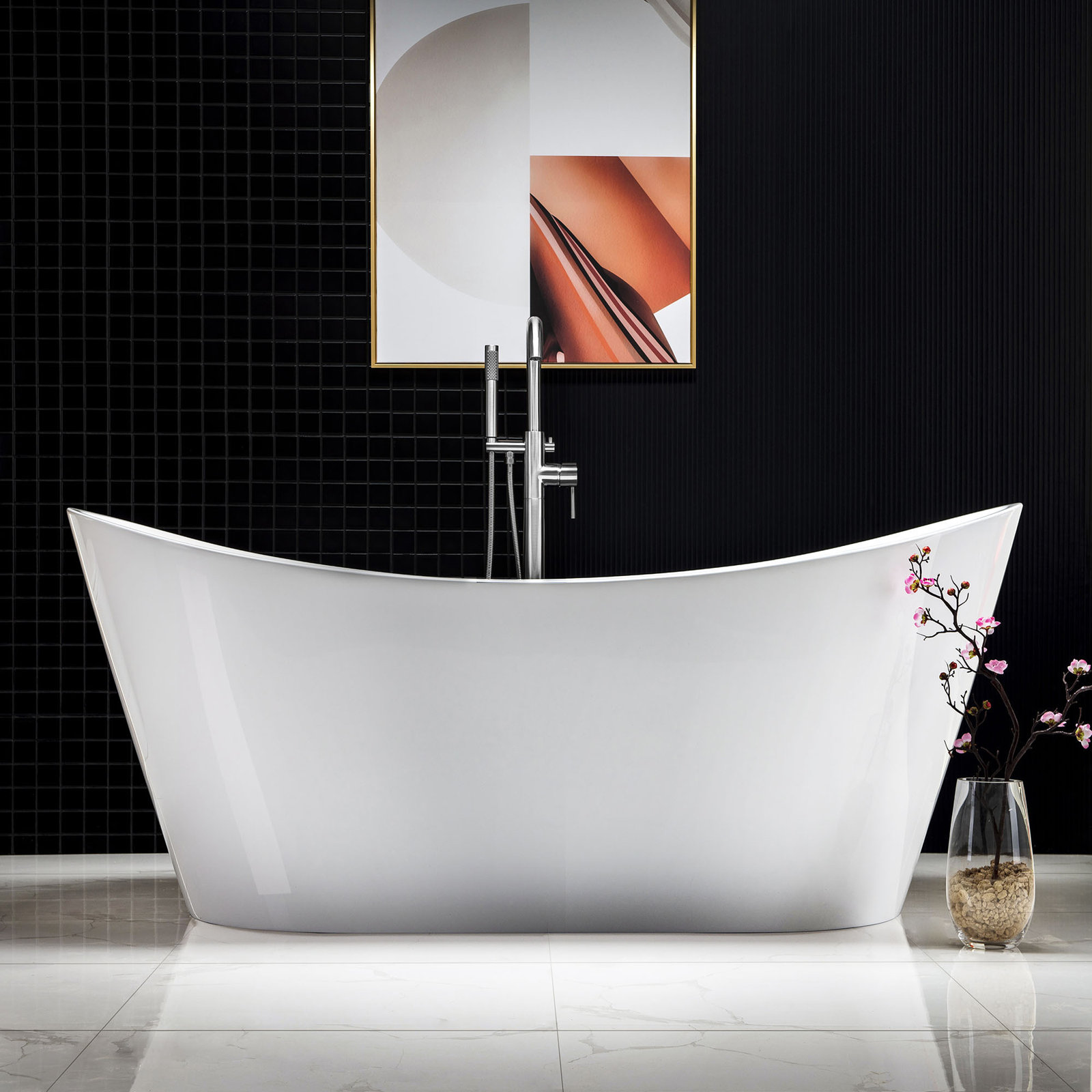 Vital 67" Freestanding Soaking Acrylic Bathtub, Chrome, White